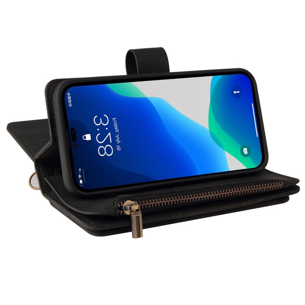 iPhone 14 Pro Leder Wallet Etui Tasche mit 13 Kartenfächern   Münzfach - Schwarz