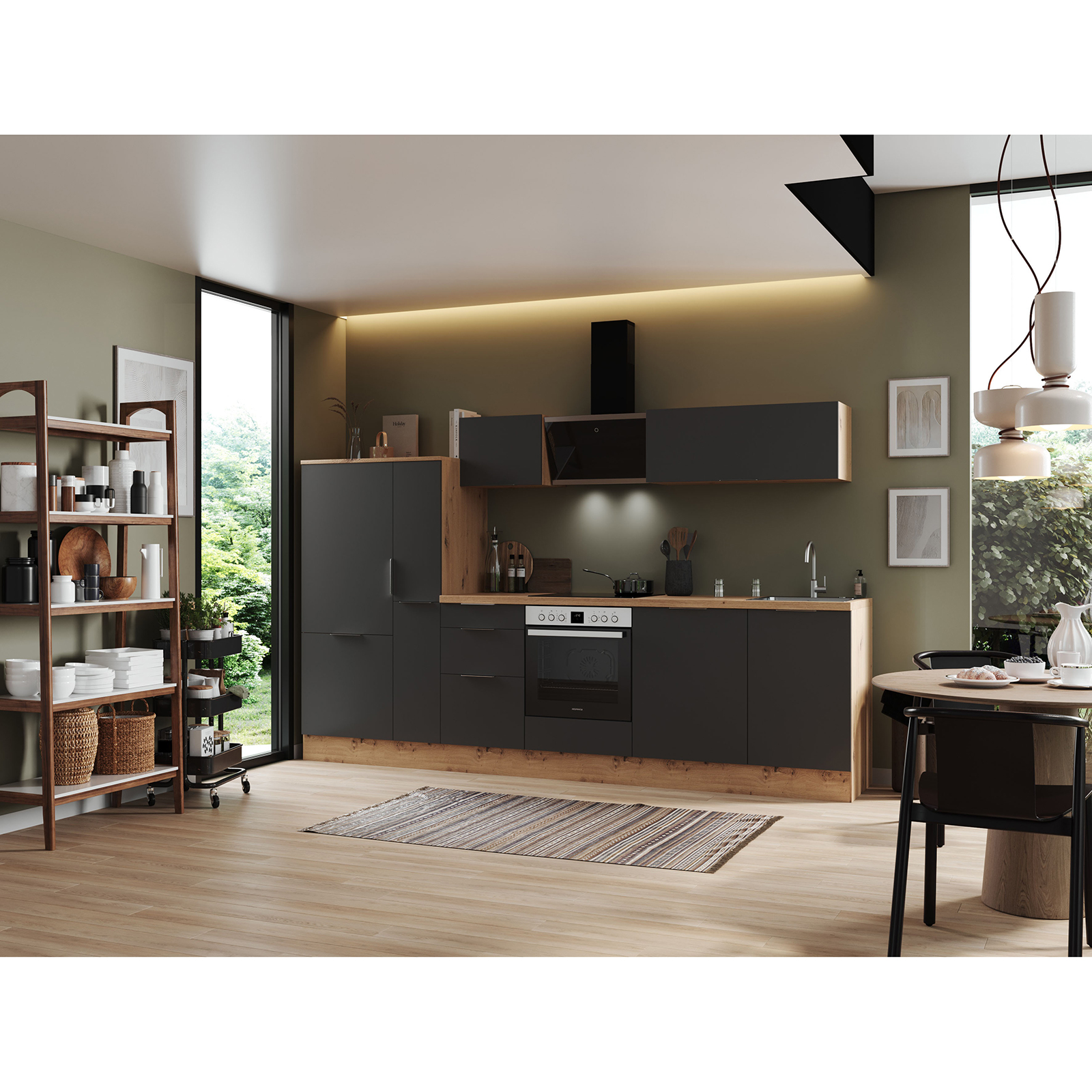 RESPEKTA Küchenblock - grau matt - Artisan Eiche - mit E-Geräten - 310 cm