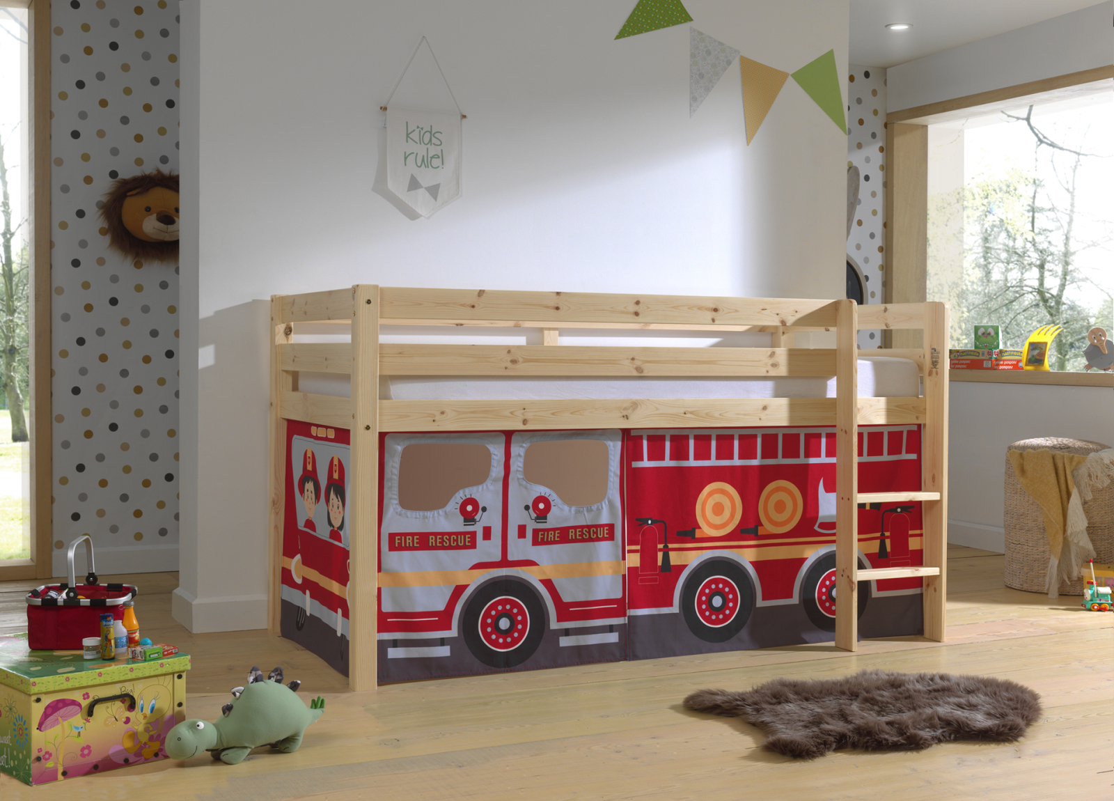 Hochbett PINO - Fire Rescue - Kiefer natur lackiert - 90x200 cm