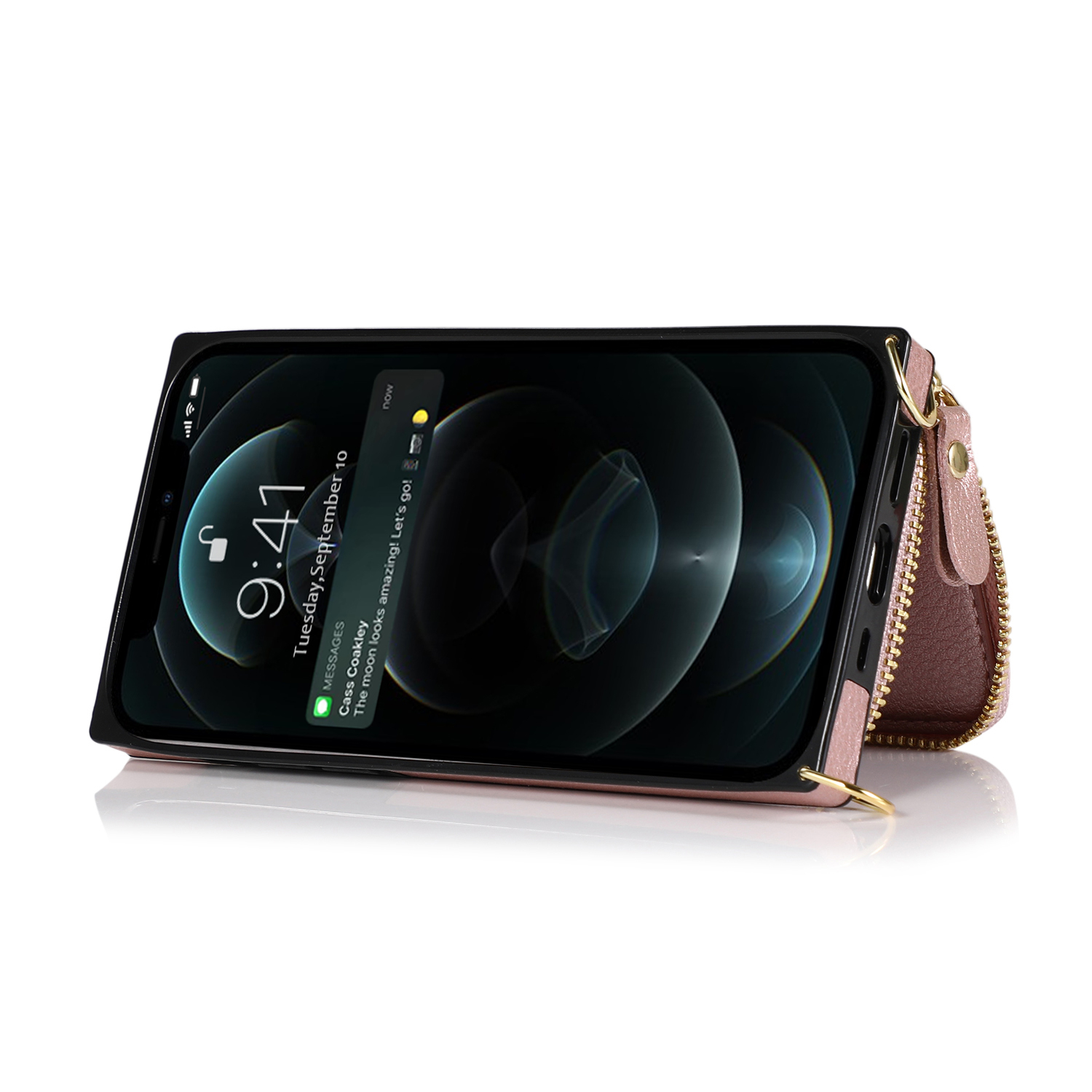 iPhone 16 Pro Necklace Leder Schutz Hülle mit Kartenfächer   Handykette (140cm) - Roségold