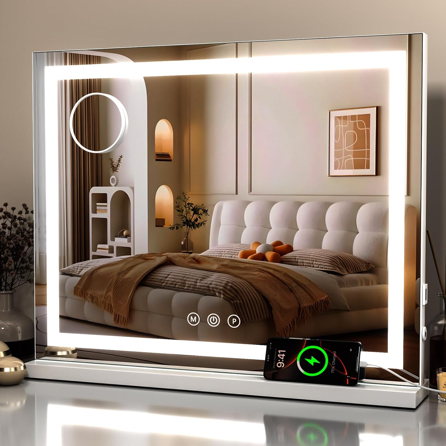 Schminkspiegel mit Beleuchtung 80x60cm, LED Kosmetikspiegel mit 3 Lichtmodi, Dimmbar, 10X Vergrößerung & USB-Anschluss, ideal für Schlafzimmer & Schminktisch (Lichtband 80×60cm)