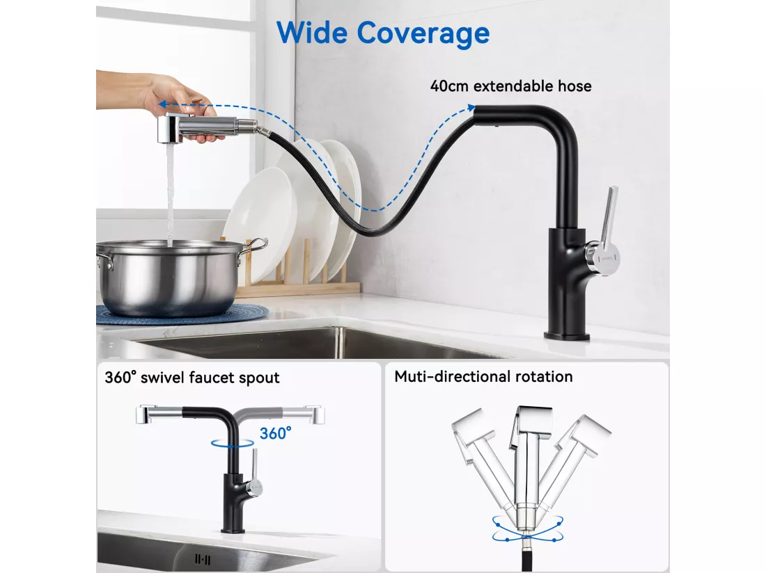 Mitigeur Cuisine Noir, Lonheo Max Robinet Cuisine Noir avec Douchette Extractible,avec 2 Jets,Rotatif 360 ° avec Barboteur Démotabl,EU Modèle