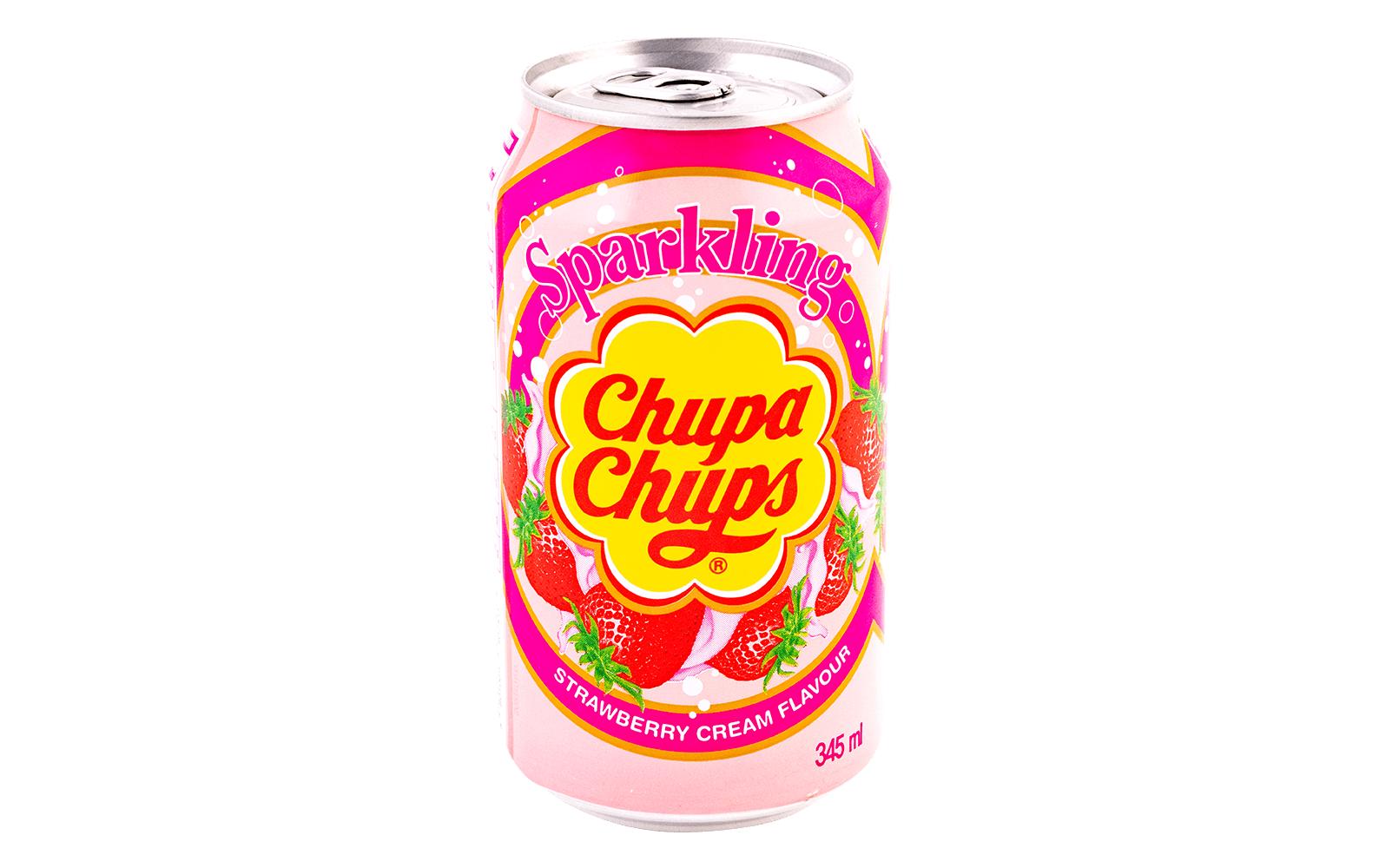 Chupa Chups Strawberry Cream Dose 0.345 lKohlensäurehaltiges Erfrischungsgetränk mit Erdbeer-Sahne-Aroma