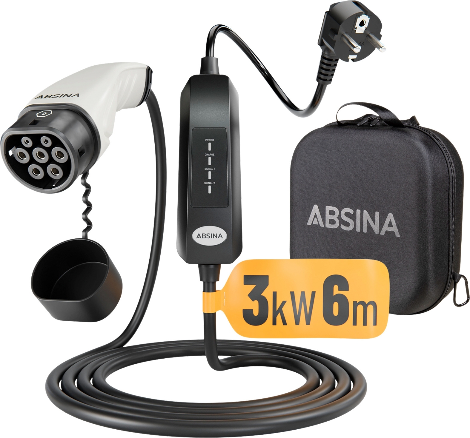 Absina Mobile Ladestation Typ 2 zum Laden an Haushaltssteckdosen für Elektroautos 3 kW / 13 A / 6 Meter
