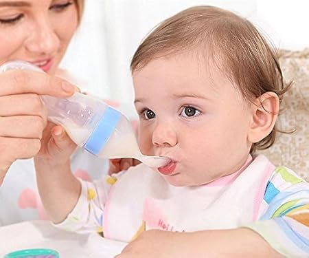 (90ml) Silikon Baby Flasche mit Spender Löffel Squeeze Nahrungsflasche Fütterungs Zubehör mit Saugnapf Halterung - Transparent / Blau