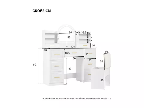 Coiffeuse avec miroir 120x40x135 cm - avec éclairage LED - avec 9 tiroirs - blanc