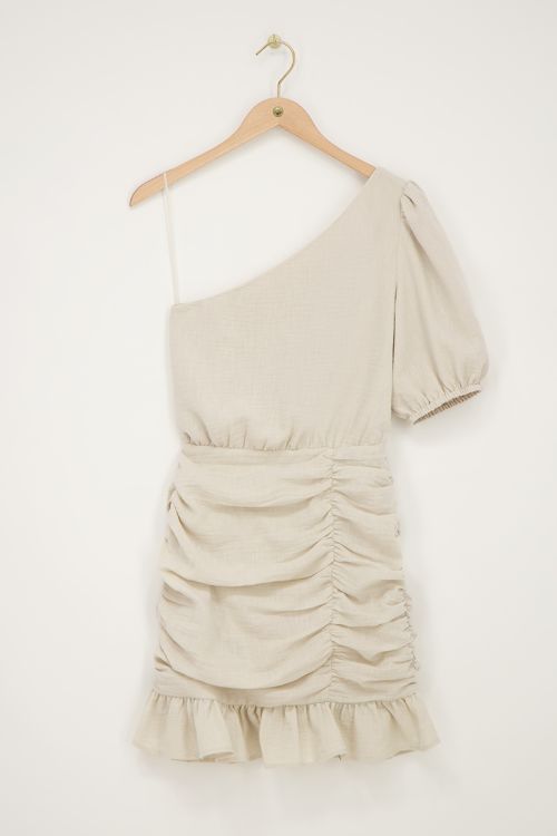 Beige linnen look one-shoulder jurk