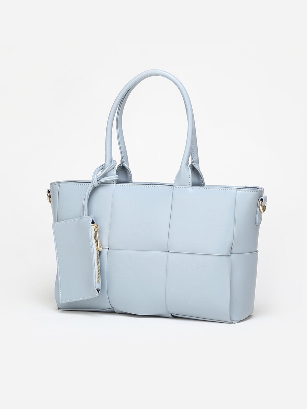 Sac cabas en simili effet tressé- Bleu clair
