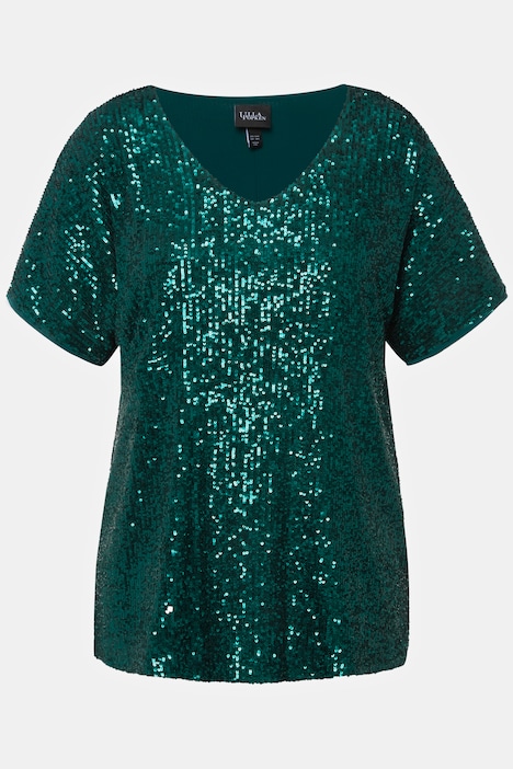 Pailletten-Shirt, Oversized, V-Ausschnitt, Halbarm