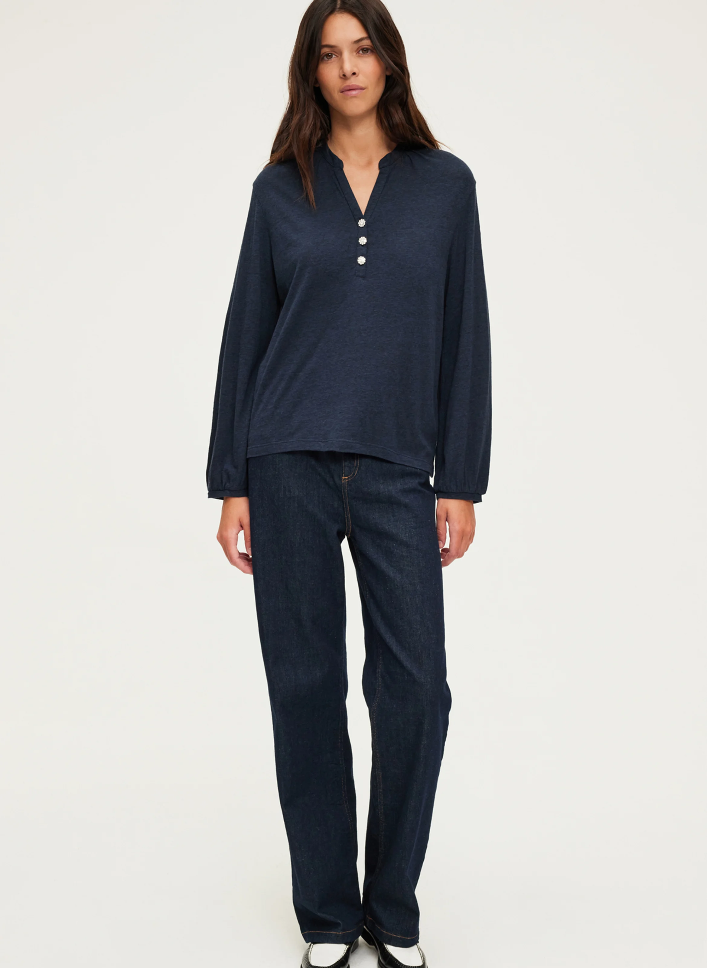 ALYS - Tee-shirt droit col tunisien en coton mélangé | Bleu