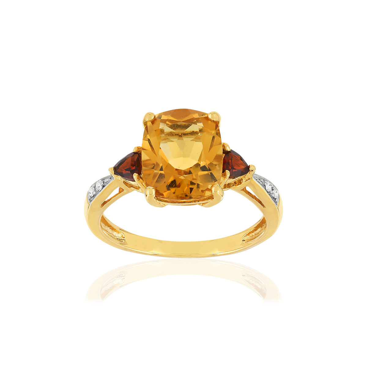 Bague or jaune 375, citrine, grenats, diamants.