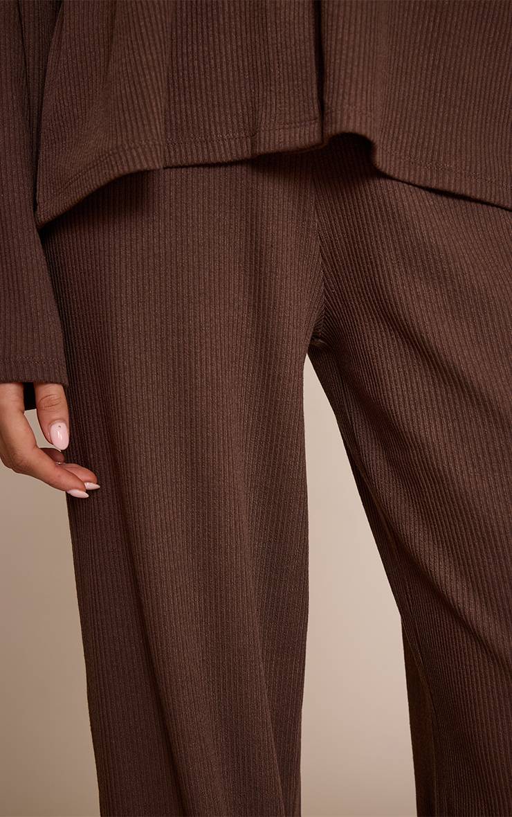 Marron Foncé Pantalon Droit À Grosses Côtes Avec Taille Élastiquée