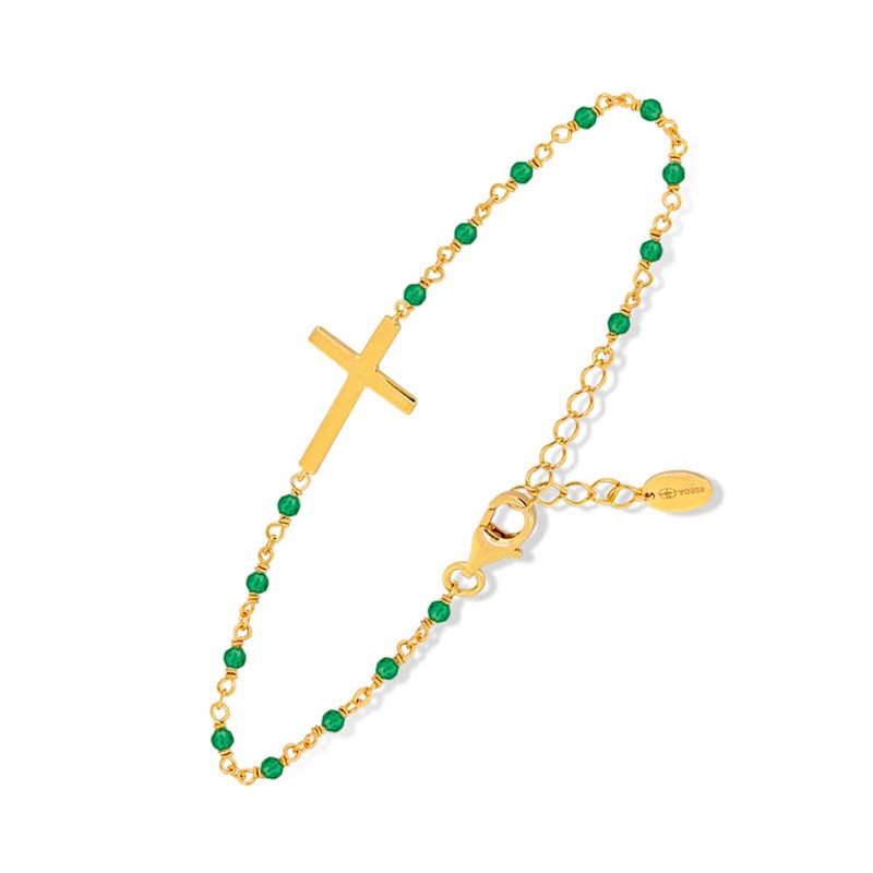 Bracelet Argent Doré Croix Et Pierre Onyx Vert