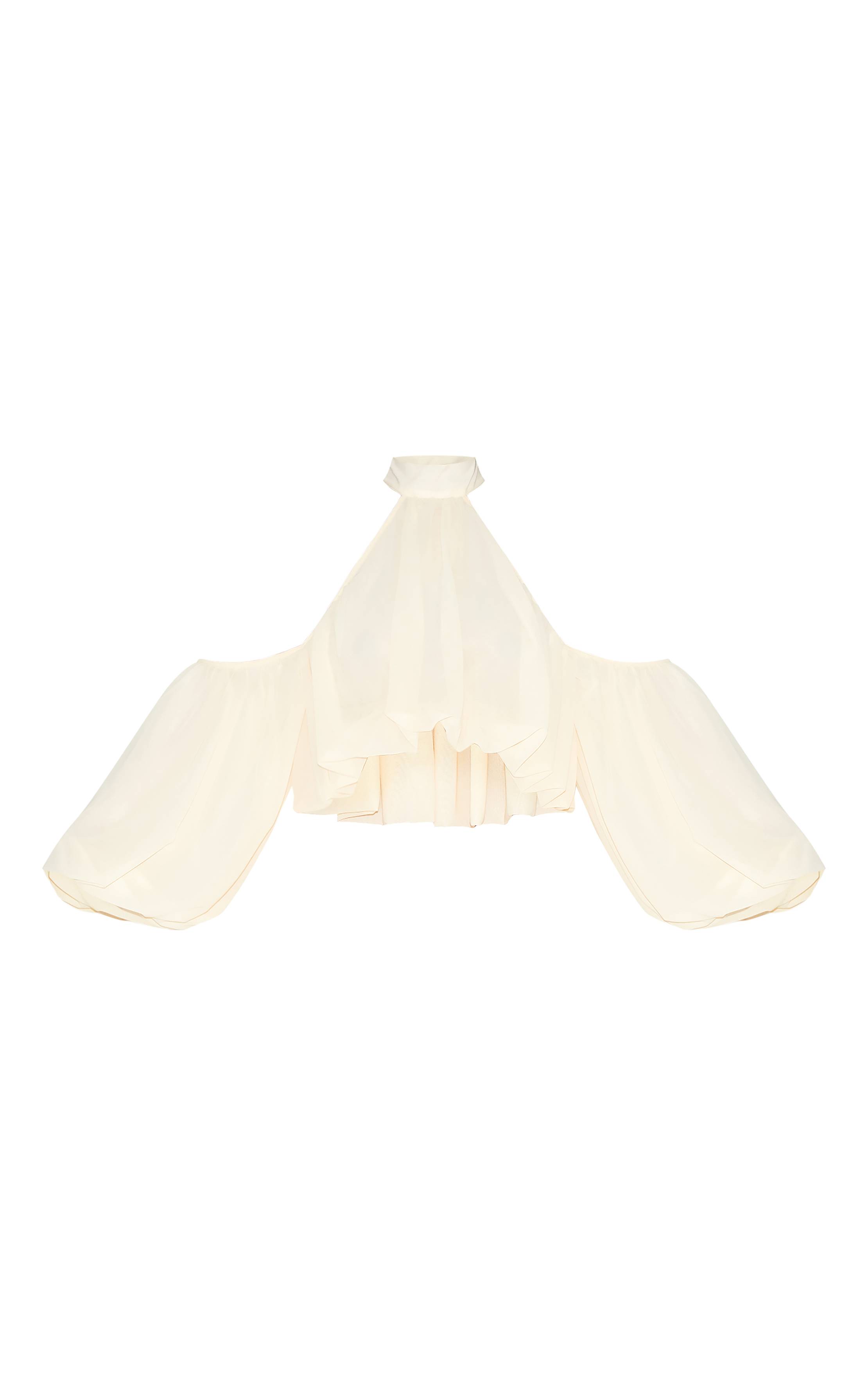 Crème Ensemble Coordonné Shape Blouse En Mousseline Col Montant Épaules Dénudées