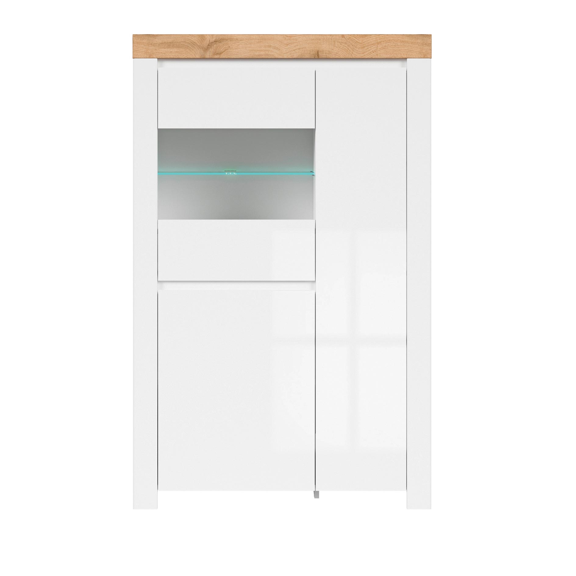 Highboardvitrine - weiß Hochglanz-Wotan Eiche - 157 cm hoch