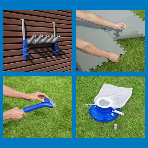 Kit para piscina Kokido com limpador de piscina, escova, protetor, organizador e suporte para mangueira.