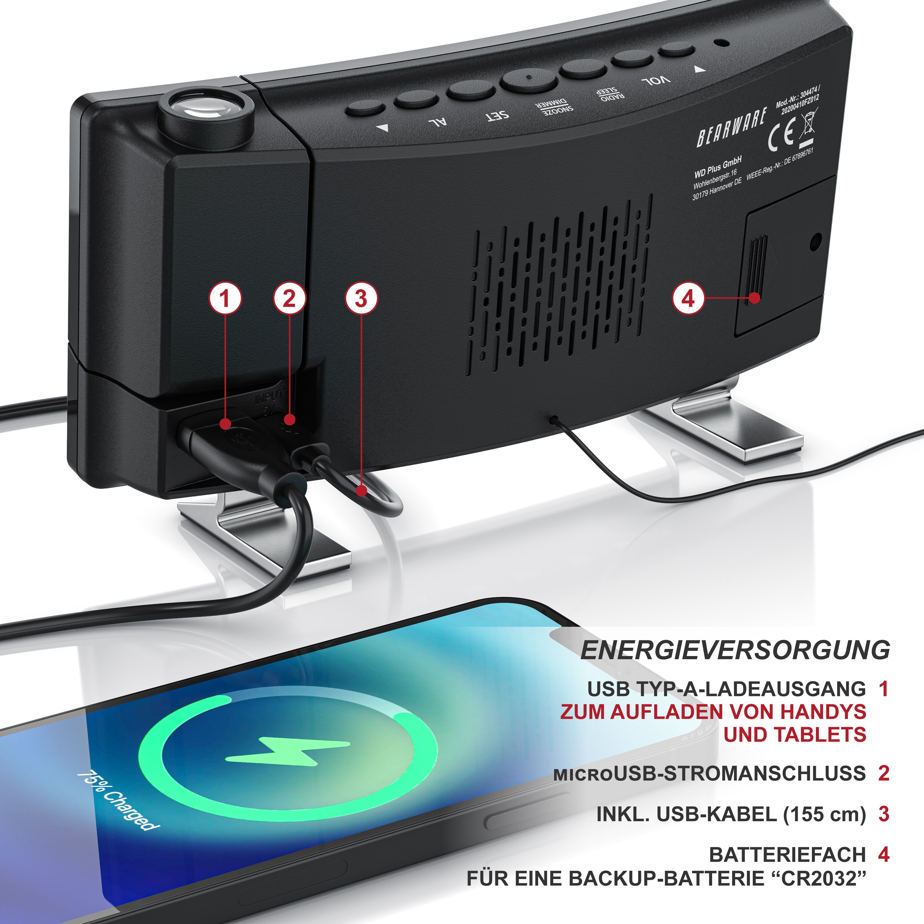 Brandson Projektionswecker, Projektions Radio Wecker digital - Dimmer - Snooze - 15 Radiospeicher