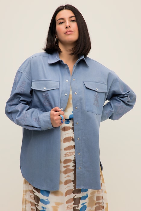 Jeanshemd, oversized, Stickereien, Hemdkragen, Langarm