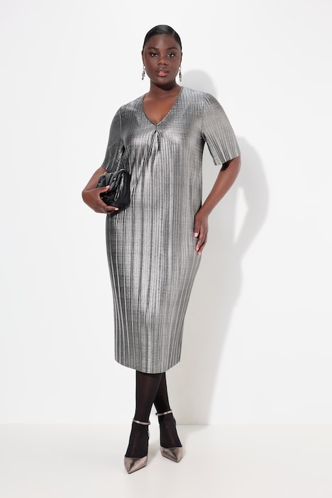 Midikleid, Silver-Plissee, A-Linie, V-Ausschnitt, Halbarm