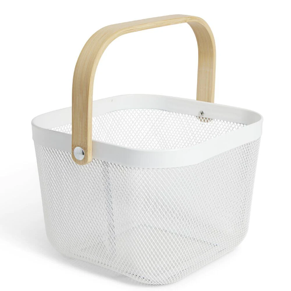 Corbeille à fruit métal mesh blanc et anse bambou
