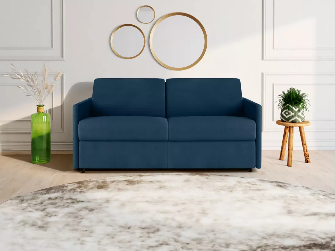 Canapé 3 places convertible express en tissu bleu foncé - Couchage 140 cm - Matelas 22 cm CALIFE