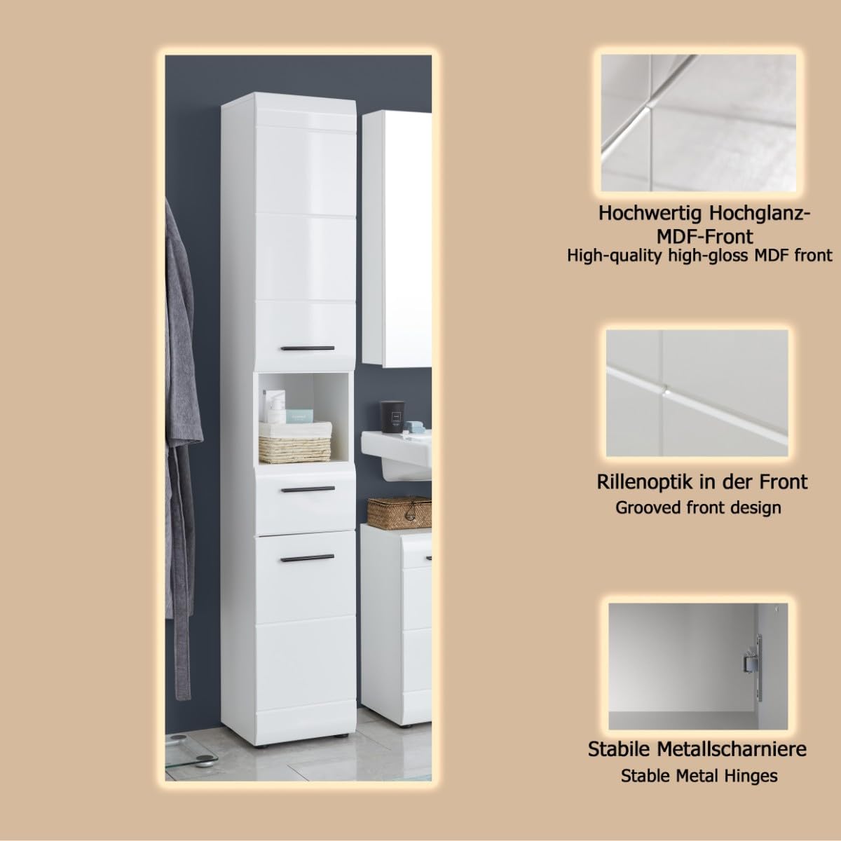 trendteam smart living - Skin - Hochschrank - Weiß/Weiß Hochglanz - 5 Fächer, eine Ablage und eine Schublade - (BxHxT) 30 x 182 x 31 cm - 2 verstellbare Einlegeböden - Kratzfest