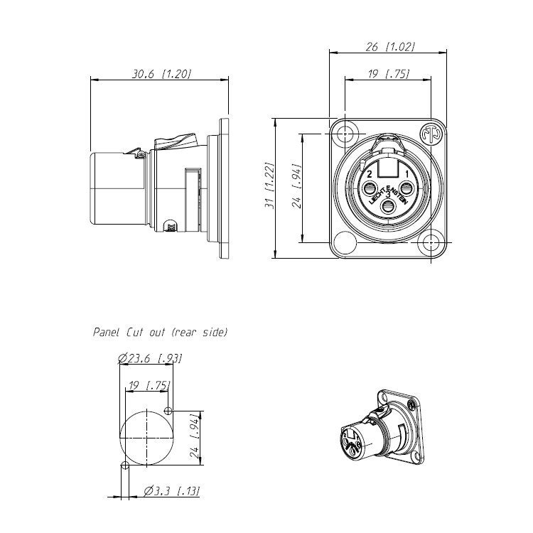 Neutrik NM3FD-B XLR female zwart voor NA-behuizing