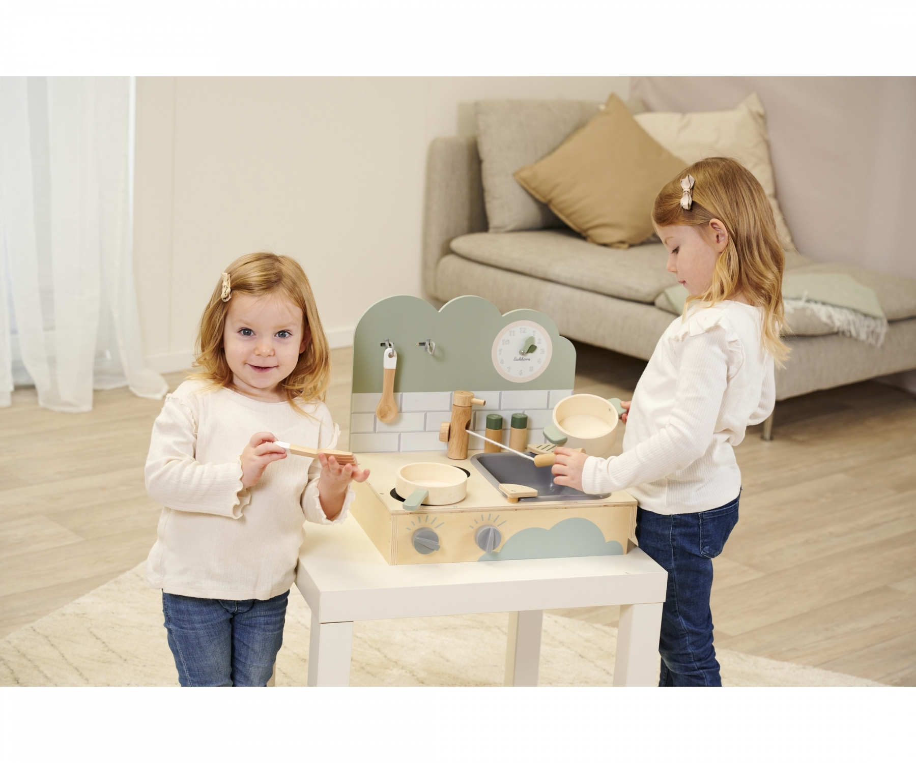 (8-tlg. Set) Kinder Holz Küche Spielzeug Tischküche mit Kochfeld / Spülbecken / Koch Zubehör (100002700) - Blau / Braun