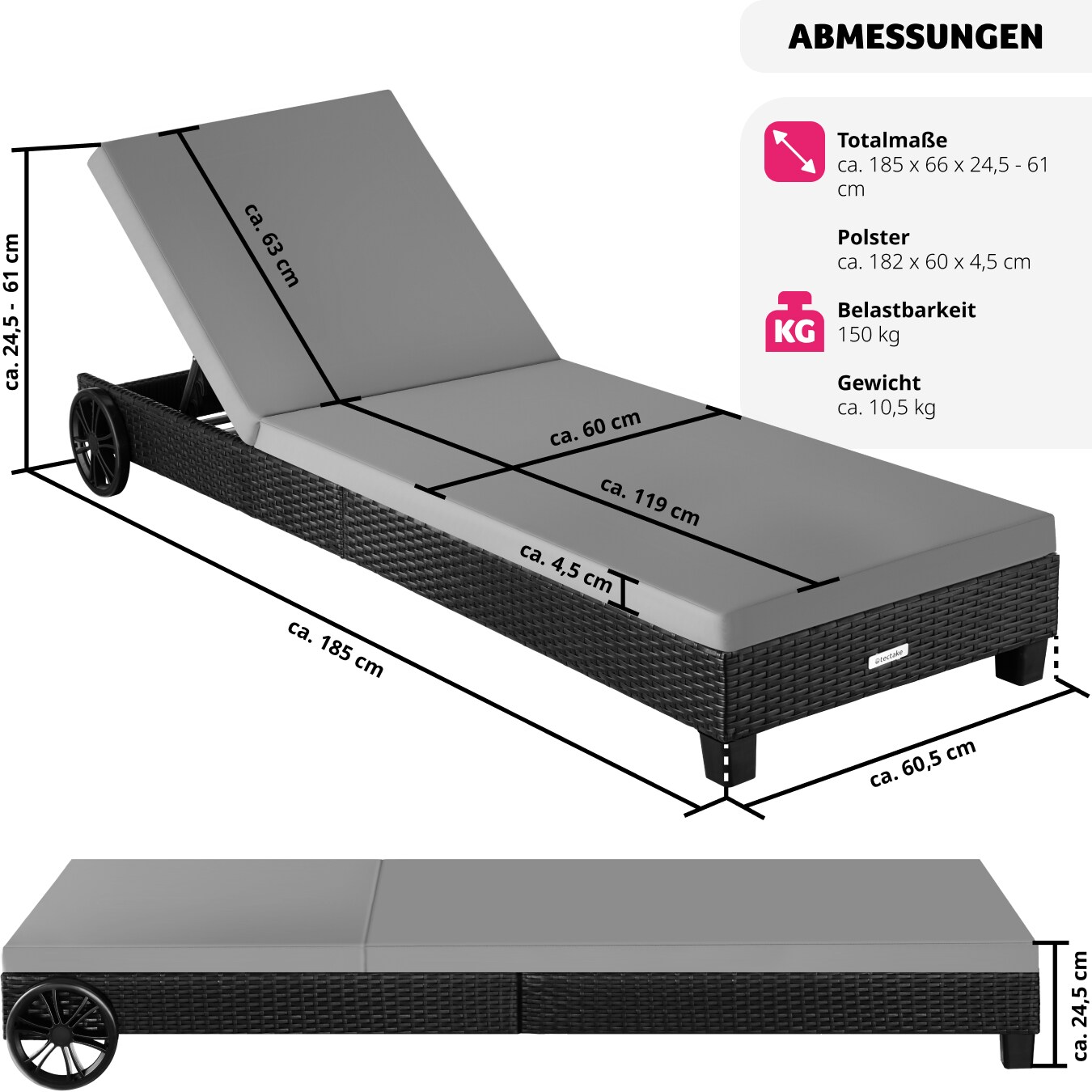 tectake® Rattan Sonnenliege, mit Aluminiumgestell, 5-fach verstellbare Rückenlehne, Belastbarkeit 150 kg, 66 x 185 x 24,5 cm