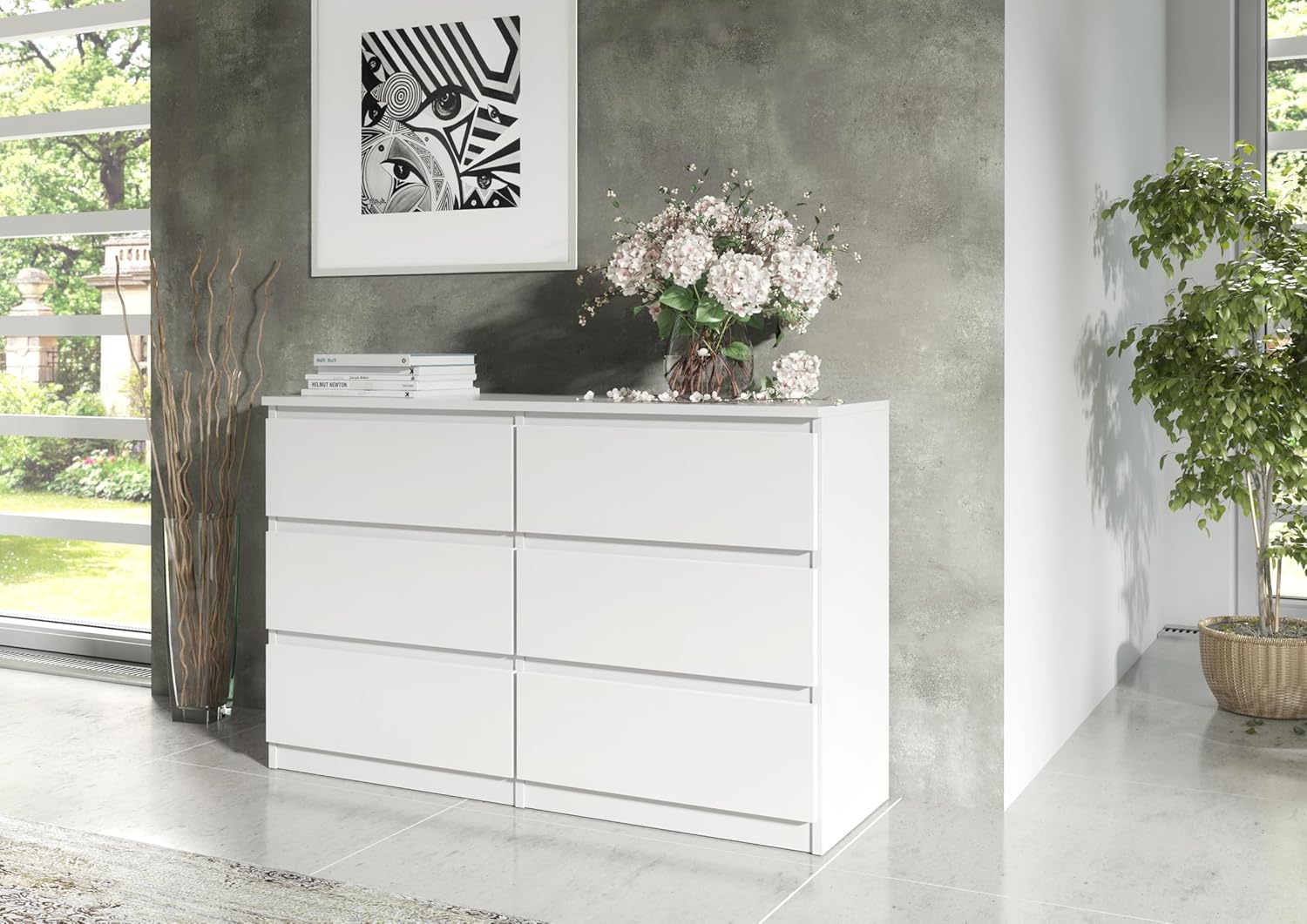 meble masztalerz Kommode 120 cm Breit - Modernes Sideboard - Schrank mit 6 Schubladen - Schubladenschrank - Kommodenschrank für Wohnzimmer, Flur, Schlafzimmer - Weiß 120x78,5x39 cm