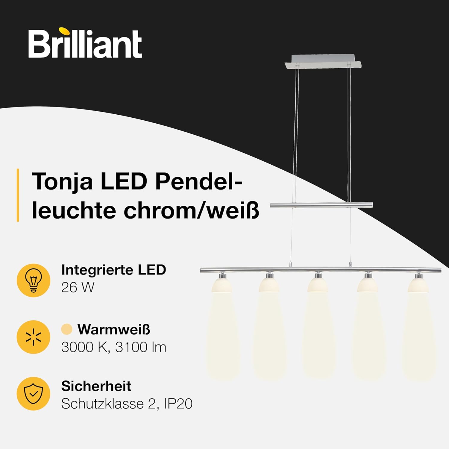 Brilliant Lampe Tonja LED Pendelleuchte 5flg chrom/weiß | 5x 5W LED integriert (COB), (285lm, 3000K) | Höhenverstellbar durch Gegengewicht