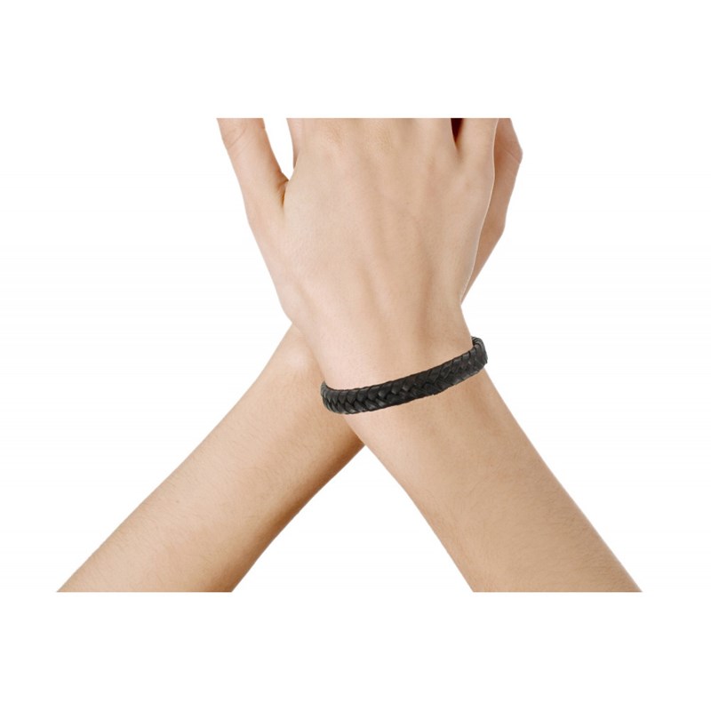 Bracelet Enfant Cuir Marron Foncé Tréssé Plat Fermoir Acier Inoxydable