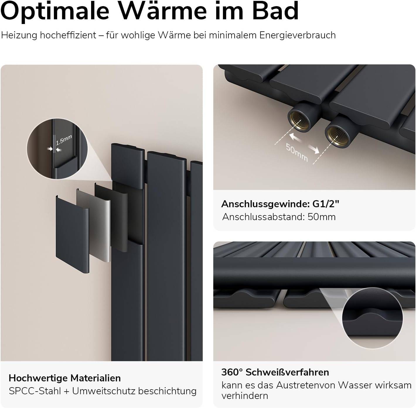 EMKE Design Heizkörper Flach, 630x1006 mm Horizontal Flachheizkörper mit Seitenanschluss, Einlagig Paneelheizkörper Wandheizkörper für Bad, Schlafzimmer & Wohnzimmer, Anthrazit 210W
