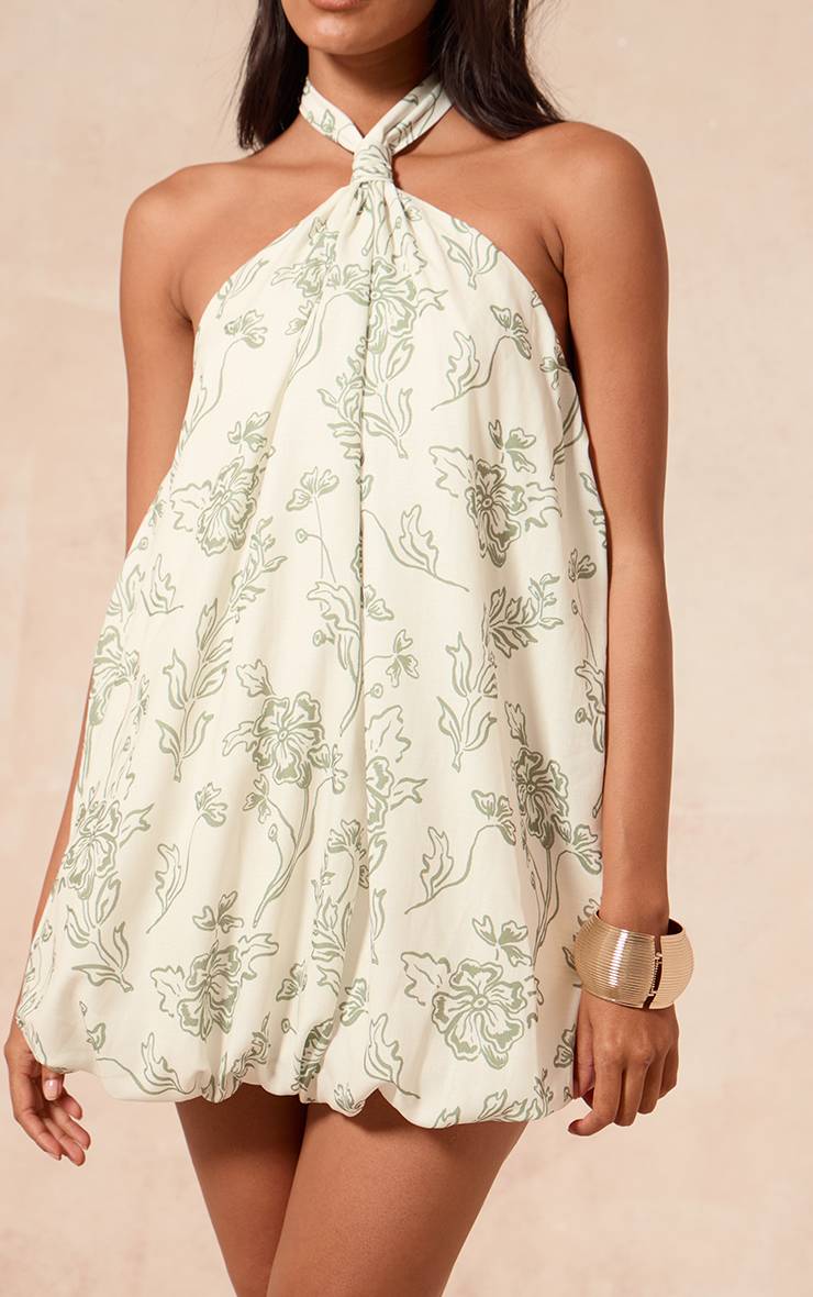 Vert Robe Mini Bouffante Imprimée À Col Licou