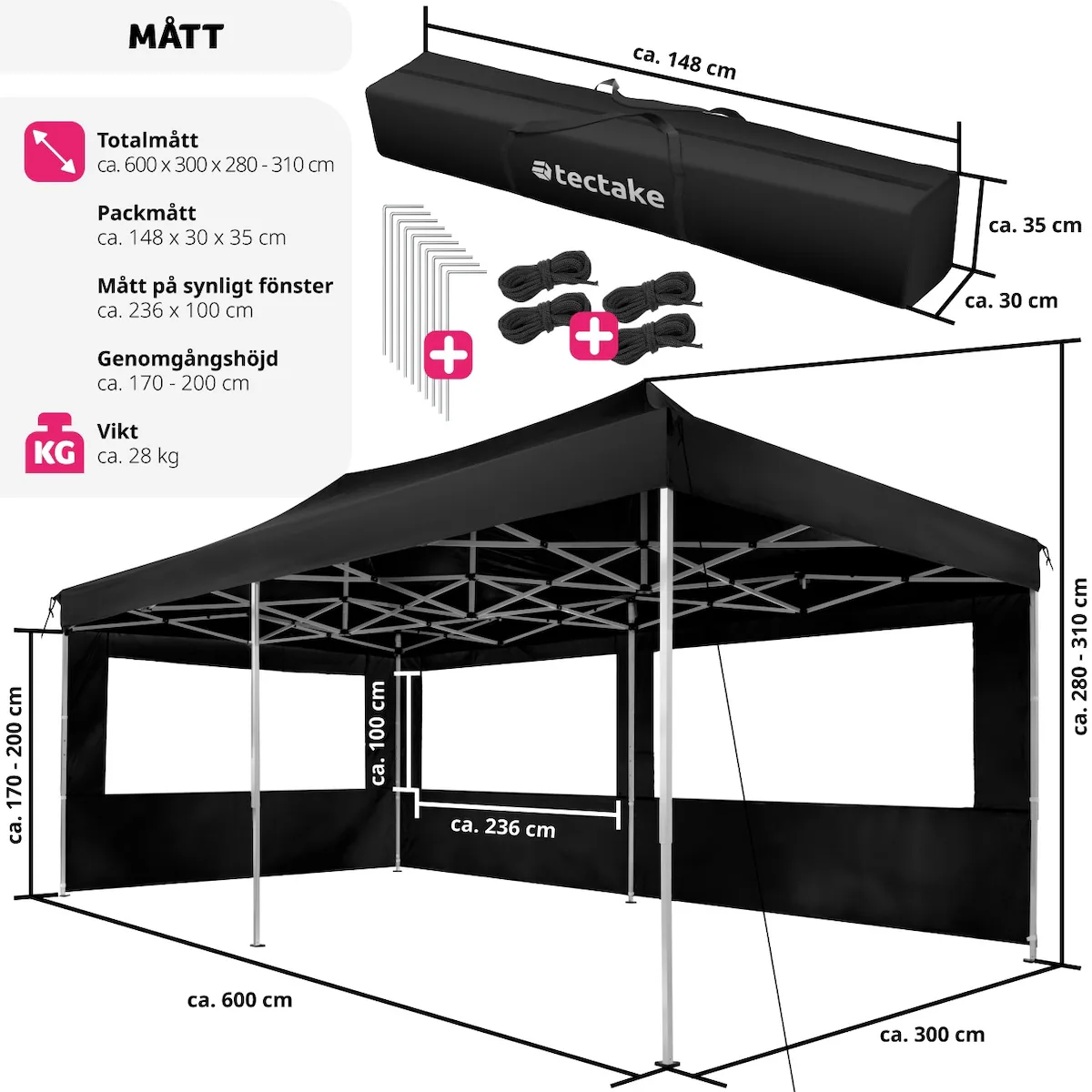 Partytelt, paviljong Viola 3x6 m med 2 vegger - svart