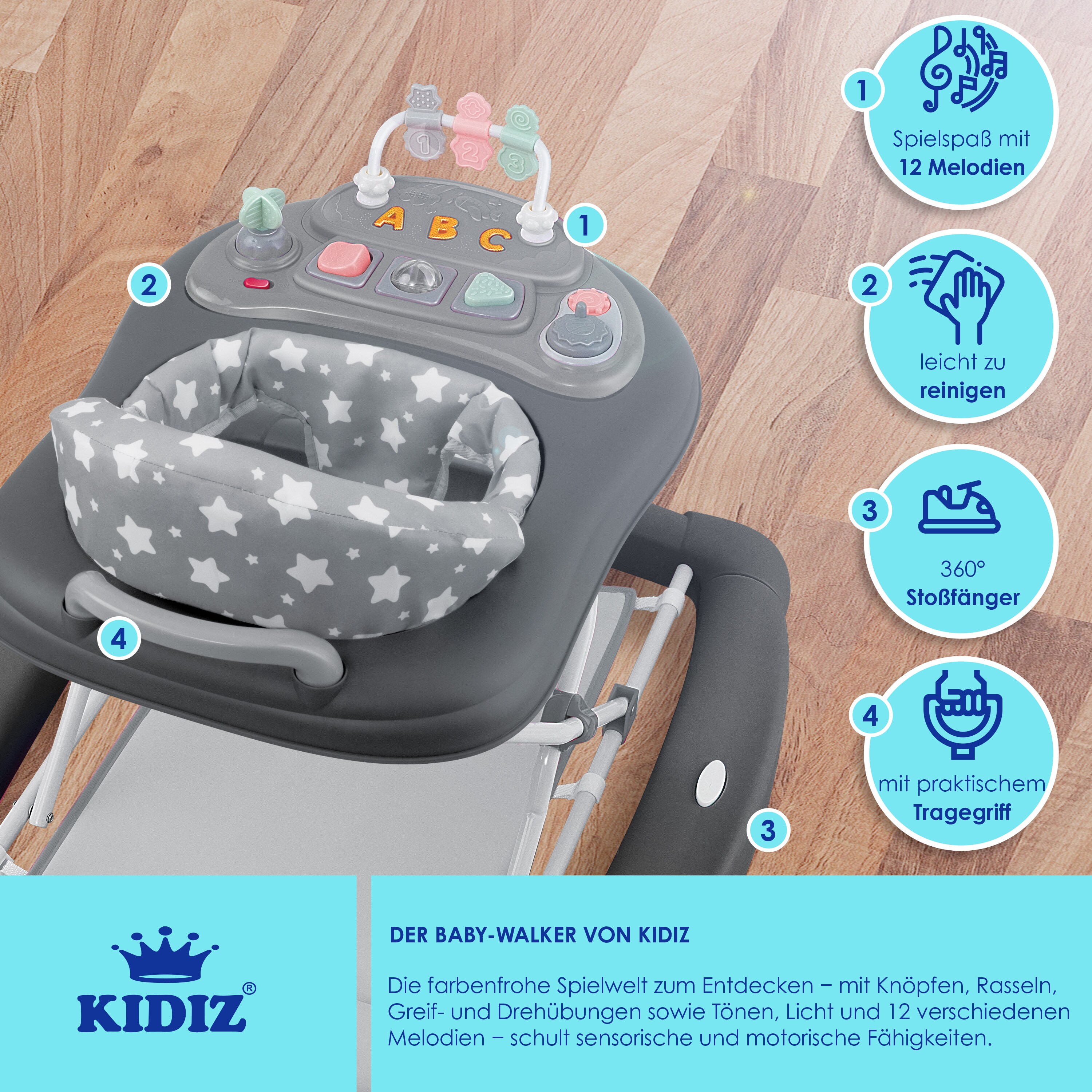 KIDIZ® 4in1 Lauflernhilfe Babywalker Spiel- und Lauflernwagen Gehfrei - Schaukelfunktion Babywippe mit Rollen, Licht, Musik ,Spielecenter Esstisch Laufstuhl Laufhilfe babys ab 6 Monaten Klappbar
