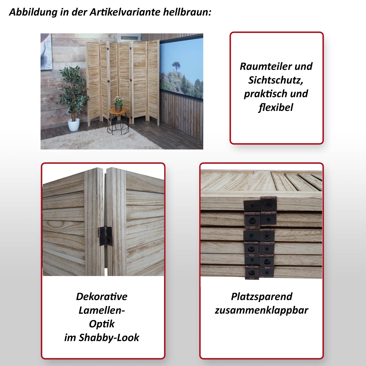 Paravent MCW-G30, Trennwand Sichtschutz Raumteiler, Shabby-Look 170x240cm ~ grau-braun