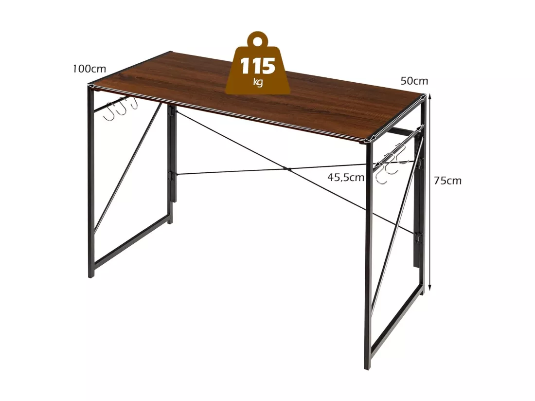Bureau d'Ordinateur Pliant 100 x 50 cm, Table de Bureau Cadre en Métal, 6 Crochets en Forme de S, Charge 115kg Style Industriel/Moderne (Marron)