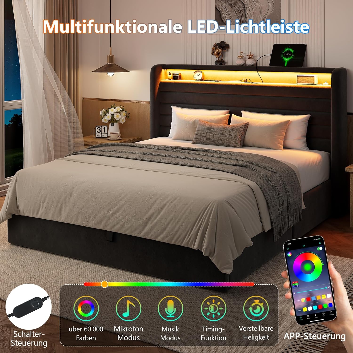 FEONASE Bett 140x200 mit Stauraum, Polsterbett 140x200 cm mit LED-Beleuchtung & Ladestation, Bettgestell mit Hydraulischem und Velous Kopfteil Stauraum, Lattenrost, Ohne Matratze, Dunkelgrau