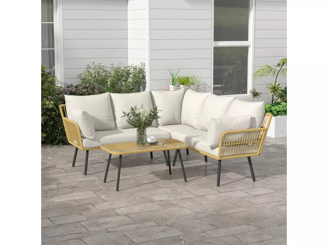 Salon de jardin d'angle 5 places style bohème chic - coussins, table basse inclus - résine tressée aspect rotin