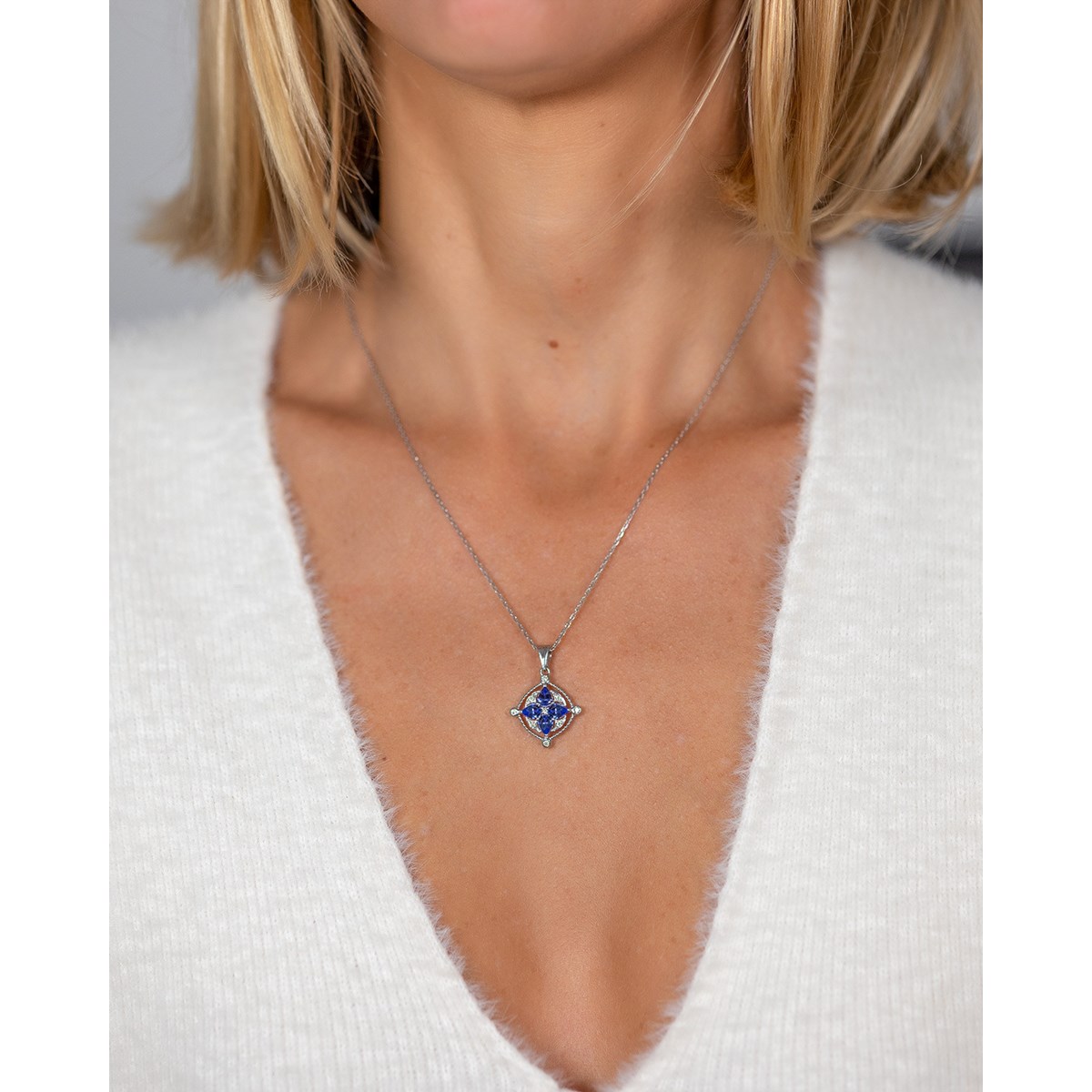 Collier Médaillon Saphir & Diamants en Or Blanc - Cadeau d'Occasion Spéciale | Aden