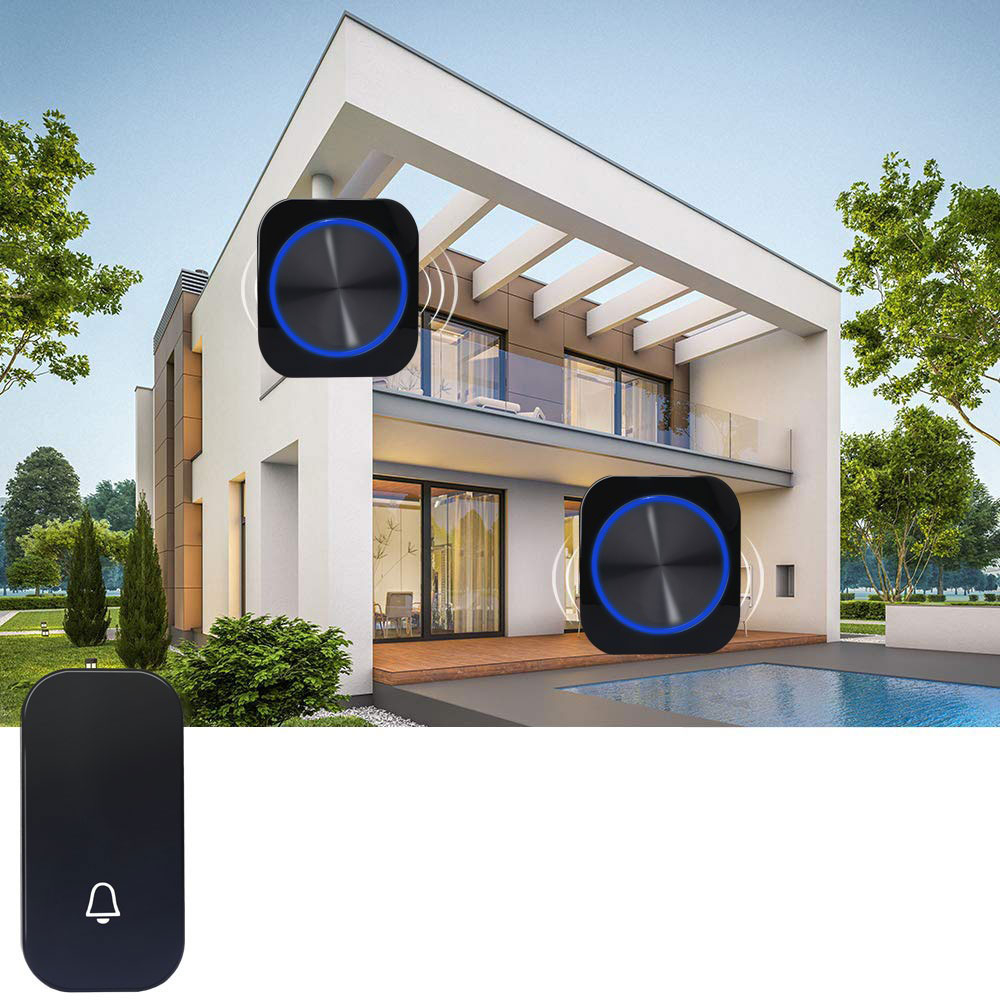 (2er Set) Funk Türklingel IP55 mit LED Beleuchtung 150m Reichweite mit 2 Empfängern (EU Stecker)   58 Klingeltönen - Schwarz