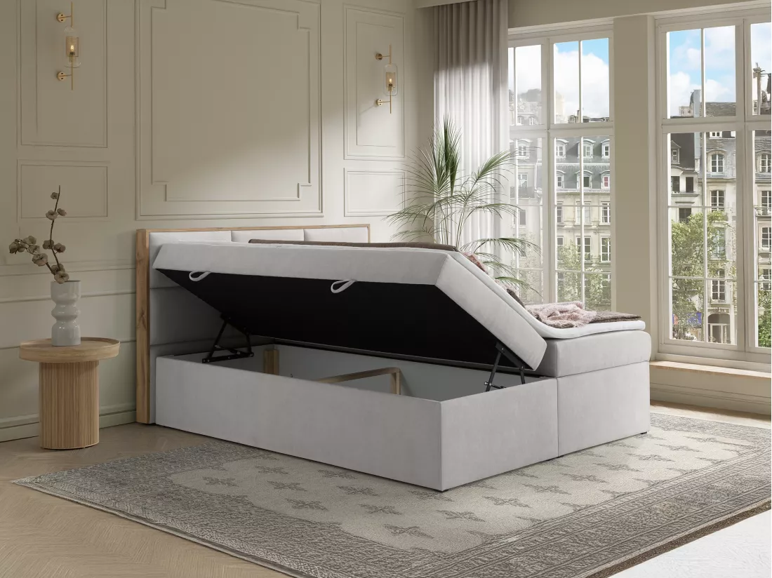 Ensemble complet literie déco tête de lit encadré bois + sommiers coffre + matelas + surmatelas - 160 x 200 cm - Tissu - Gris clair - SIAKI de YSMÉE