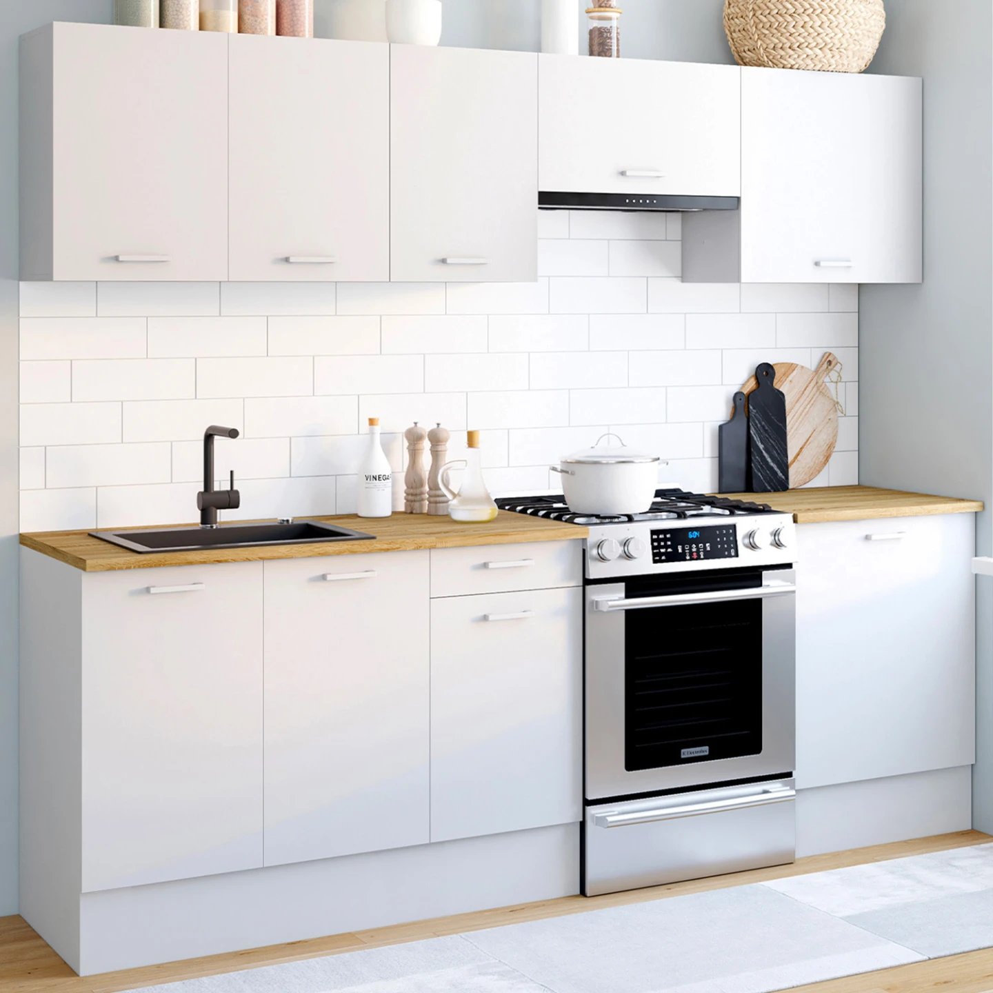 Cuisine complète 240 cm SUBTIL avec plan de travail 7 éléments blanc et plateaux bois
