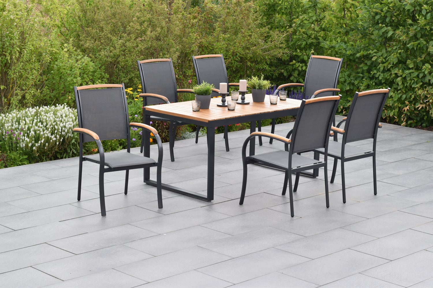 Siena 7-delige tuinmeubelset, stapelbare stoelen, uitschuifbare tafel 150 (200) x 90 cm, grafiet/grijs