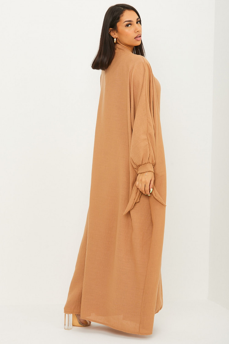 Ensemble effet lin 2 pièces kimono + robe camel