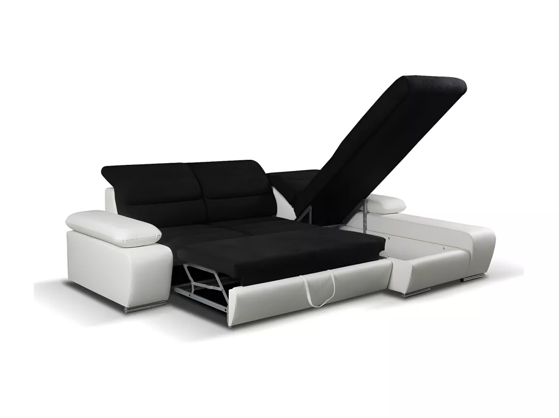 Canapé d'angle convertible en tissu et simili MIRABEAU - Bicolore noir/blanc - Angle droit