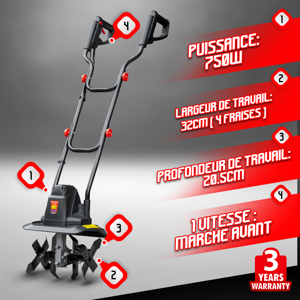 Motobineuse électrique 750w 32cm - 4 fraises