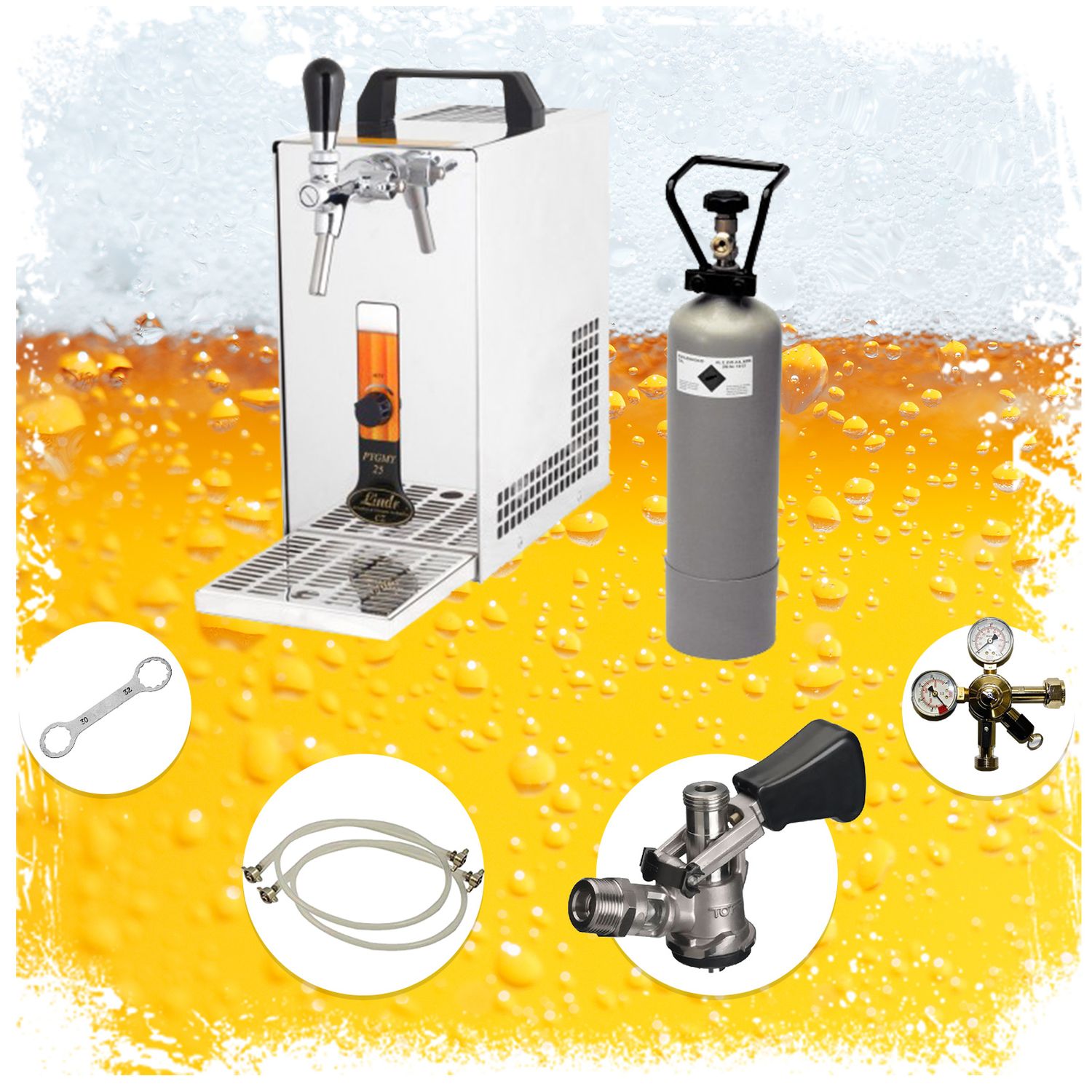 Komplett Set - Zapfanlage, Bierzapfanlage, Bierkoffer, Durchlaufkühler PYGMY 25 LE, 1-leitig Trockenkühler, 30 Liter/h, Green Line, 5 Liter Adapter