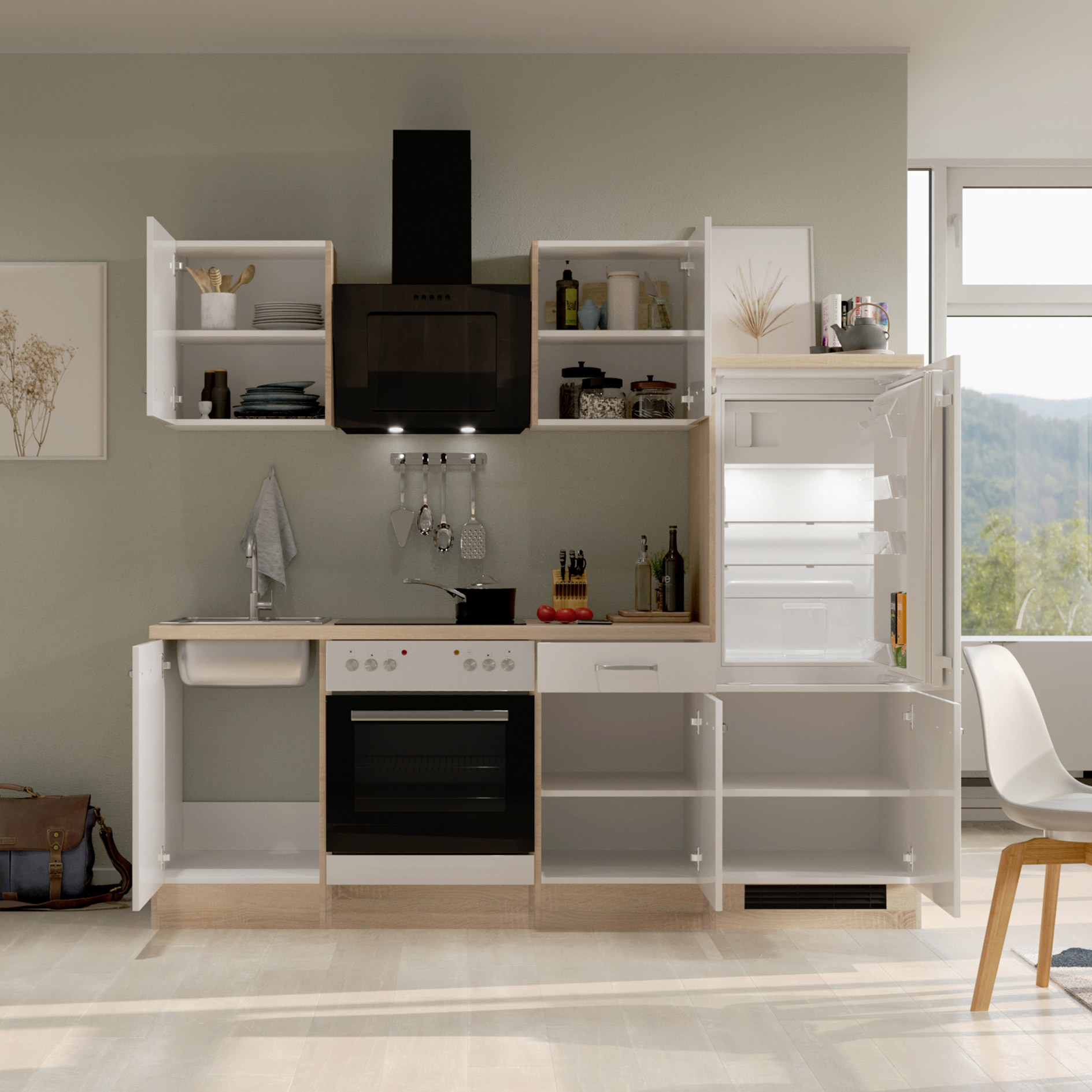 Küchenblock VALERO - weiß Hochglanz - Sonoma Eiche - mit E-Geräten - 220 cm